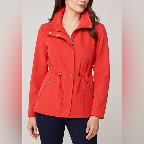 Ellen Tracy Coral Red Soft Shell Zip-Up Jacket with Cinch Waist – Size M - Picture 1 of 13